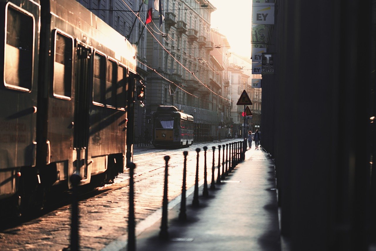 tram, milan, italy, city, streets, nature, urban, traffic, buildings, sun, street, intersection